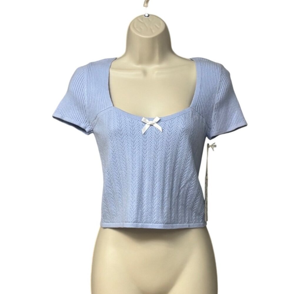 The Prairie "Coquette" Baby blue Short Sleeve Cropped Sweater Top, Blue, L